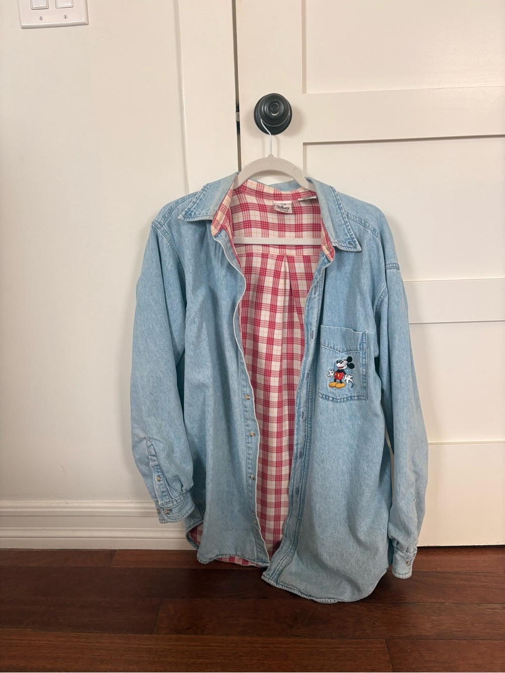 Disney Light Blue Denim Jacket with Red Plaid Lining